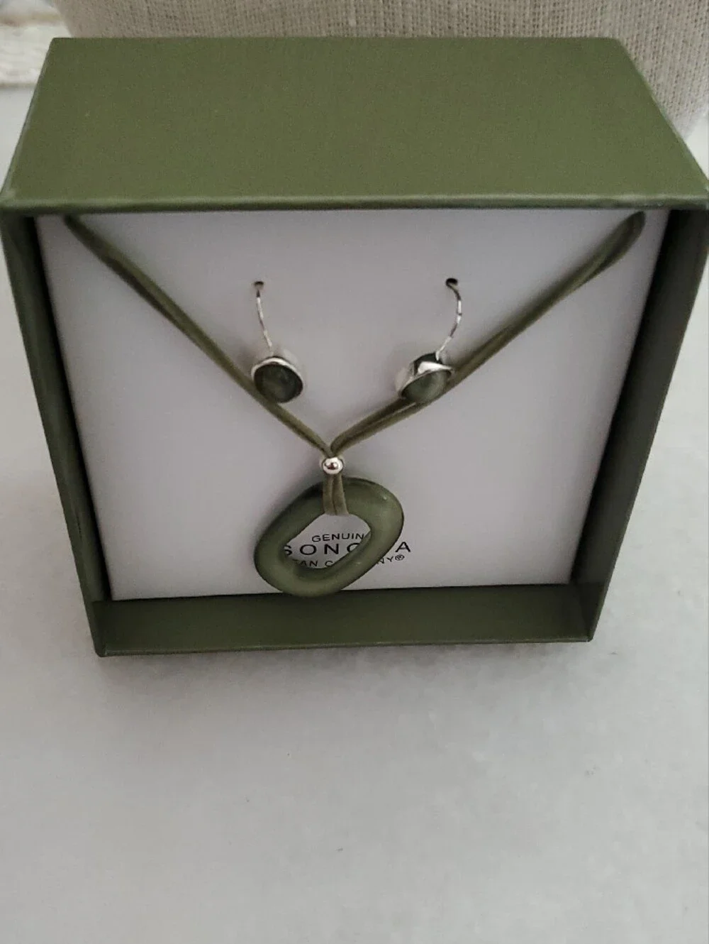 Olive Green Cord Necklace with Oval Resin Pendant And Earrings Set